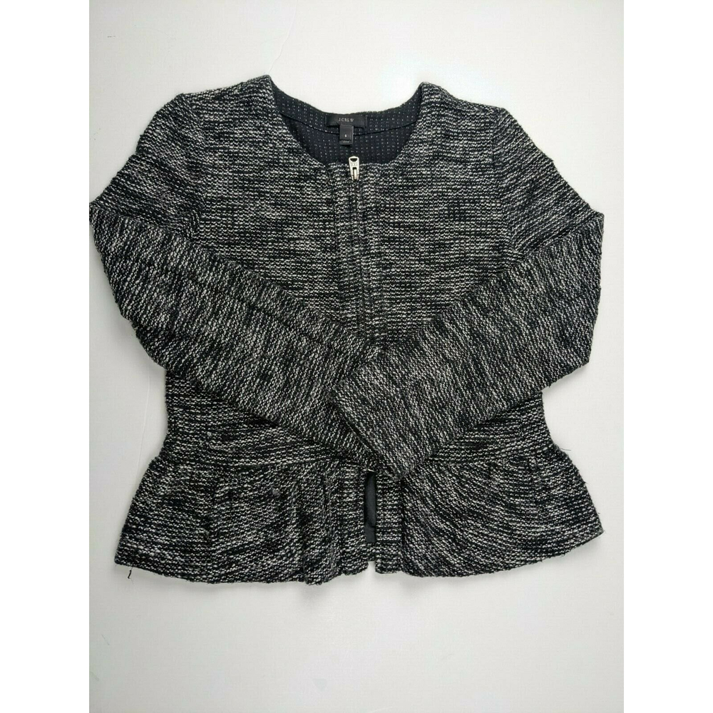 J.CREW Women's Sz S Black Gray Tweed Knit Peplum Waist Jacket Blazer w/Zippers